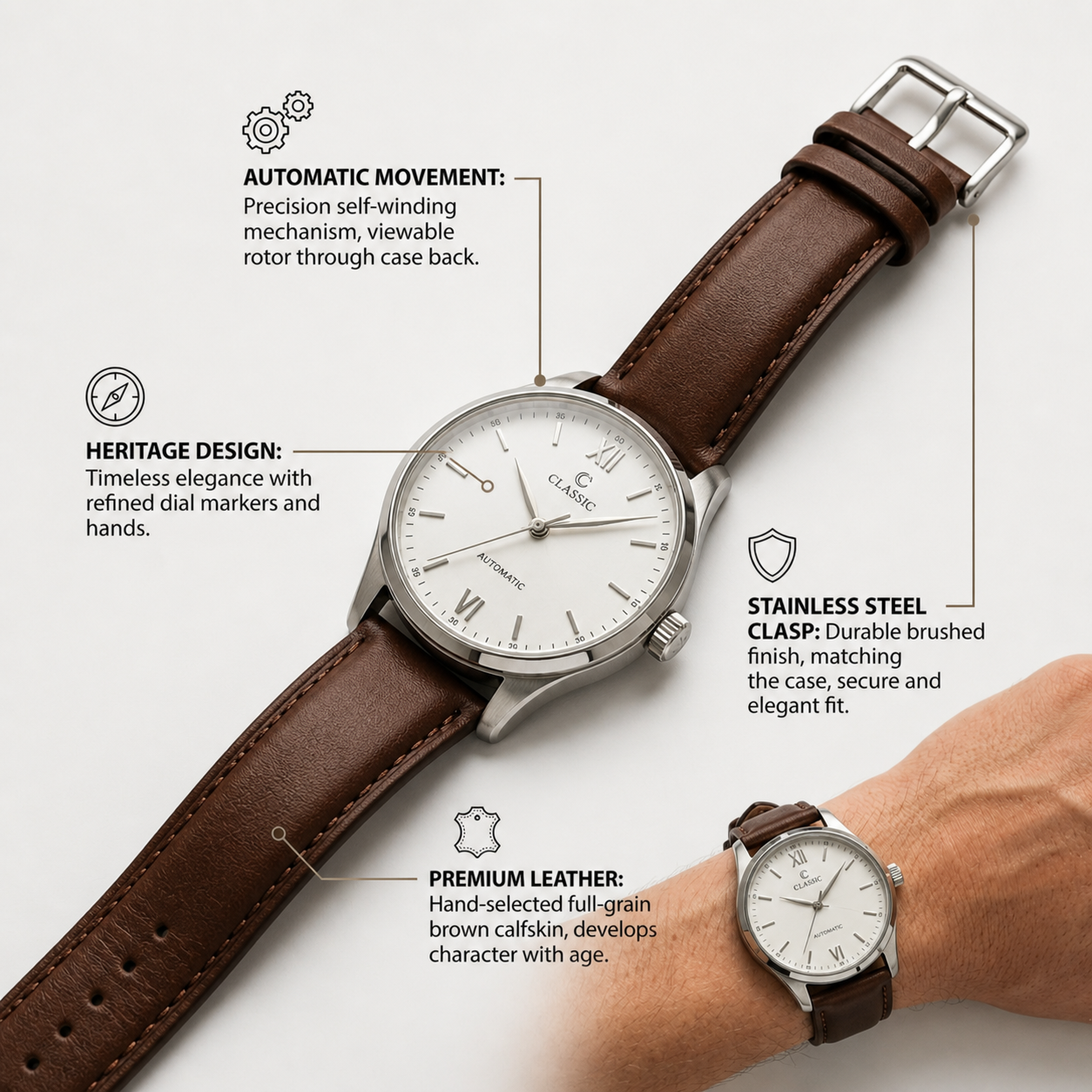 Classic Minimalist Automatic Watch – Brown Leather Strap