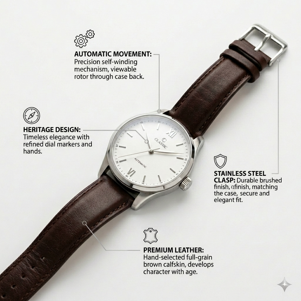 Classic Minimalist Automatic Watch – Brown Leather Strap