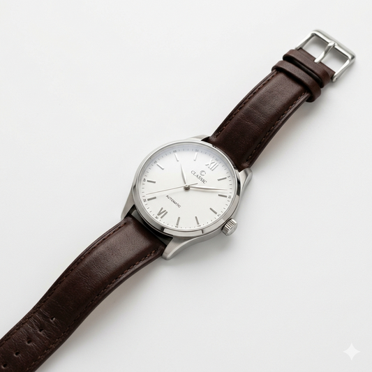 Classic Minimalist Automatic Watch – Brown Leather Strap